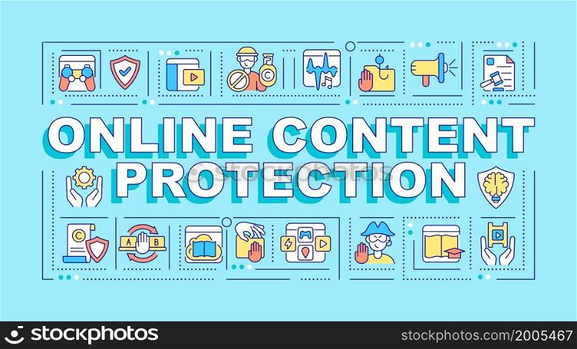 Online content protection word concepts banner. Copyright law. Infographics with linear icons on turquoise background. Isolated creative typography. Vector outline color illustration with text. Online content protection word concepts banner