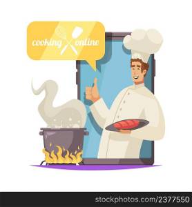 Online cooking school concept with smiling chef holding plate vector illustration. Cooking School Concept
