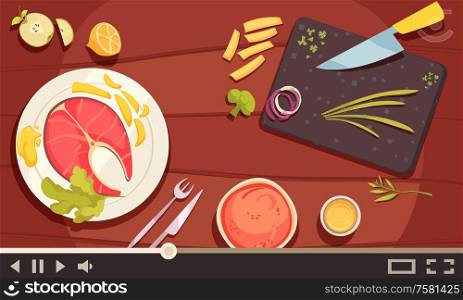 Online cooking school poster with fish and herbs symbols flat vector illustration
