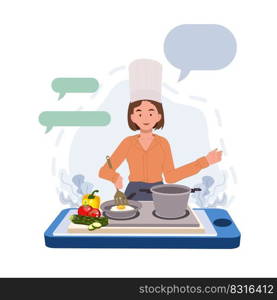 Online cooking video concept, culinary class service on smartphone app. Chef teacher preparing food. Vector illustration