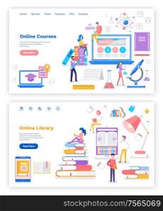 Online course and library with free access set of websites vector. Monitor with pages and information for students, chemistry and biology subjects. Online Course and Library with Free Access Set