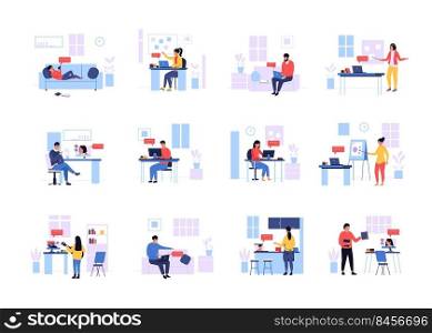 Online course. Cartoon scenes of persons learning at home with laptop and computer, teachers and students studying. Vector remote lessons concept set. Illustration of online student learning. Online course. Cartoon scenes of persons learning at home with laptop and computer, teachers and students studying. Vector remote lessons concept set