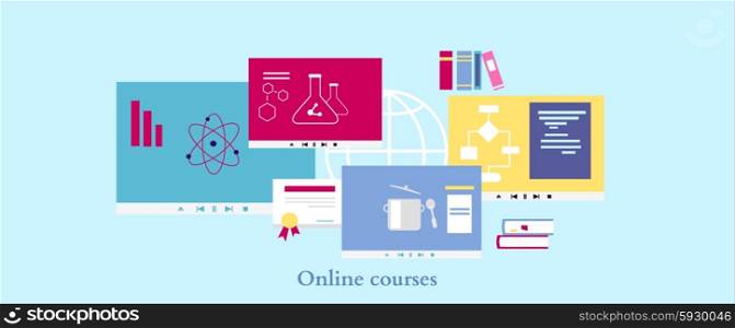 Online course icon flat design style. Education university or school, study knowledge, training science, information e-learning, learning distance, research and graduation illustration