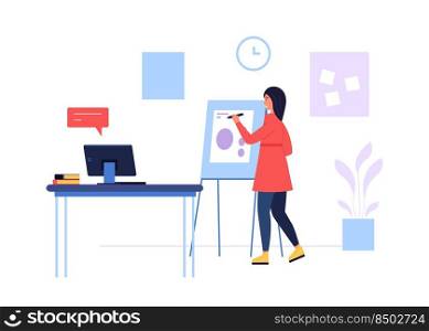 Online course. Woman giving lecture in internet, writing on flip board. Female character teaching and talking to people on video conference. Distant learning concept vector illustration. Online course. Woman giving lecture in internet, writing on flip board. Female character teaching people