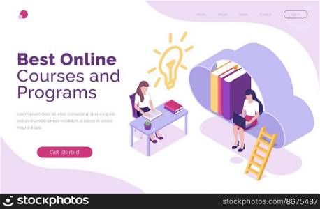 Online courses and programs isometric landing page, students or business people studying via internet. Computer software, video training for distant education, network technology 3d vector web banner. Online courses and programs isometric landing page