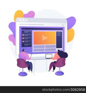 Online courses. Colorful cartoon characters watching video tutorial, business seminar. Elearning, webinar, online learning. Remote studying. Vector isolated concept metaphor illustration. Online courses vector concept metaphor
