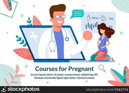 Online Courses for Pregnant Woman Trendy Flat Vector Advertising Banner, Promo Poster Template with Waiting for Childbirth Lady Taking Doctors Consultation in Internet, Watching Video Illustration