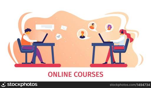 Online Courses Horizontal Banner. Male and Female Student Characters Sitting at Desk Face to Face Work with Laptop, Learning and Studying in Internet. Girl in Headset. Cartoon Flat Vector Illustration. Online Courses Banner.Remote Studying in Internet.