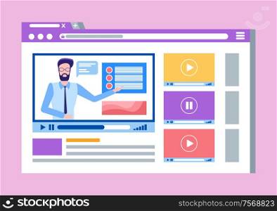 Online courses lead by male teacher man on video vector. Isolated icon of website with person explaining material to students, screen with text and tests. Online Courses Lead by Male Teacher Man Video