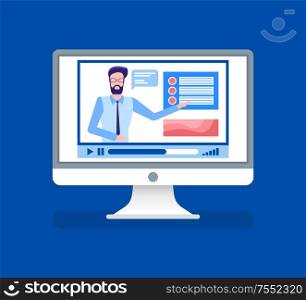 Online courses lead by male tutor teacher on video vector. Isolated icon of person giving information for study, home assignments and material explanation. Online Courses Lead by Male Tutor Teacher on Video