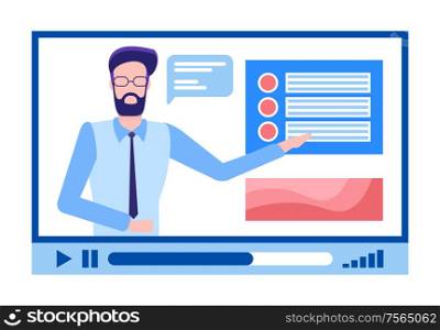 Online courses male in glasses with beard explaining material vector. Person with explanation of tasks, tutor for students to be educated, distant study. Online Courses Male in Glasses Beard Explaining