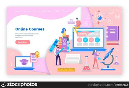 Online courses new innovative study technology vector. Website with text sample, people reading and studying, education with help of laptops mobile. Webpage template, landing page in flat style. Online Courses New Innovative Study Technology