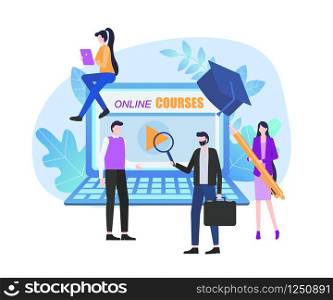 Online Courses Page Notebook Screen Man Woman Student Vector Illustration. Distance Education Technology Internet Conference E-learning English Language Teaching Mobile Phone Application. Online Courses Notebook Screen Man Woman Student