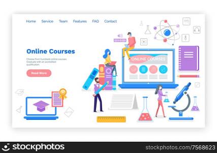 Online courses people learning subjects in internet vector. Students with certificate, busy reading and reviewing material for exams. Microscope and book. Website webpage template landing page in flat. Online Courses People Learning Subjects Internet