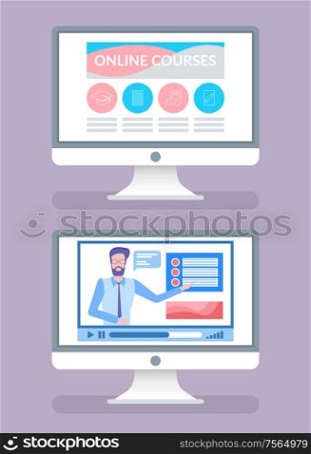 Online courses screens with tutors on videos isolated icons set vector. Male teacher showing on list with tasks, global education distant study and files. Online Courses Screens with Tutors on Videos Set