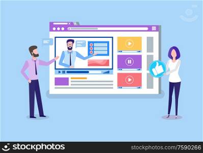 Online courses teachers uploading tutoring videos vector. People professional tutors looking on screen, lady holding thumb up like button remote education. Online Courses Teachers Uploading Tutoring Videos