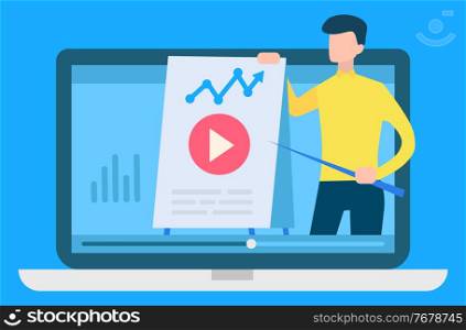 Online courses vector, isolated computer with tutor showing data and analysis of information. Material for learning, distance education in internet, teacher presenting video pointing on button. Online Courses and Education Man Showing Data