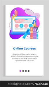 Online courses vector, people studying something new, laptop with icons and information, files and books, man and woman students learning. Website or app slider template, landing page flat style. Online Courses of Students, Man and Woman Study