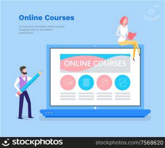 Online courses vector, studying with help of laptop PC and modern devices. Woman and man learning new materials from website. Computer and info page. Online Courses Studying with Help of Laptop PC