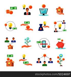 Online crowdfunding alternative finance crowdsourcing money raising for projects via internet flat icons symbols collection vector illustration . Crowdfunding Finance Flat Icons Collection
