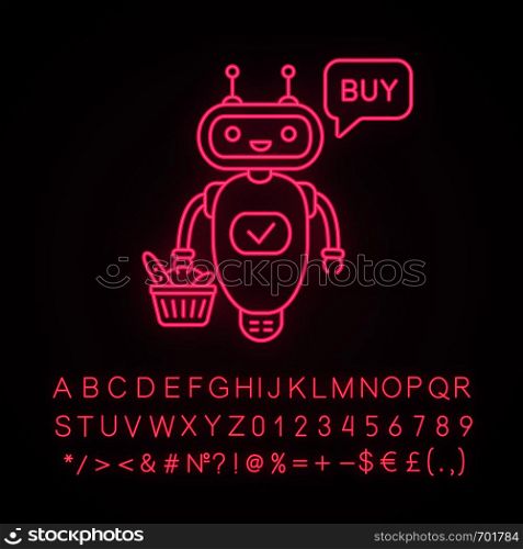 Online customer chatbot neon light icon. Talkbot with grocery basket says buy. Modern robot. Virtual shopping assistant. Glowing sign with alphabet, numbers and symbols. Vector isolated illustration. Online customer chatbot neon light icon