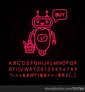 Online customer chatbot neon light icon. Talkbot with grocery basket says buy. Modern robot. Virtual shopping assistant. Glowing sign with alphabet, numbers and symbols. Vector isolated illustration. Online customer chatbot neon light icon