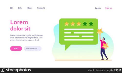 Online customer feedback. Man applying rate stars to chat bubble flat vector illustration. Marketing, satisfaction, evaluation concept for banner, website design or landing web page