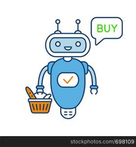 Online customer service chatbot color icon. Talkbot with grocery basket says buy. Modern robot. Virtual shopping assistant. Isolated vector illustration. Online customer service chatbot color icon