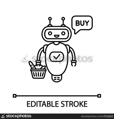 Online customer service chatbot linear icon. Thin line illustration. Talkbot with grocery basket says buy. Virtual shopping assistant. Contour symbol. Vector isolated outline drawing. Editable stroke. Online customer service chatbot linear icon