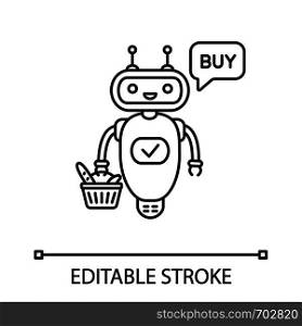 Online customer service chatbot linear icon. Thin line illustration. Talkbot with grocery basket says buy. Virtual shopping assistant. Contour symbol. Vector isolated outline drawing. Editable stroke. Online customer service chatbot linear icon
