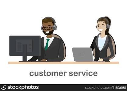 Online customer service concept,african american male and caucasian female behind a desk,isolated on white background,flat vector illustration. Online customer service concept,african american male and caucas
