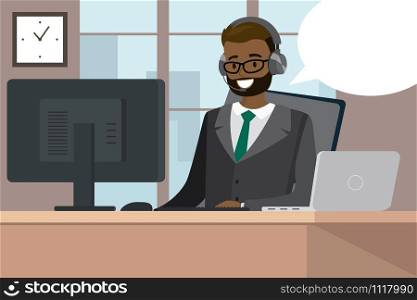online customer service concept,african american male behind a desk in modern office,cartoon vector illustration. african american female behind a desk in modern office