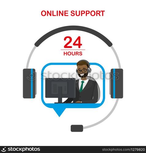 Online customer service,support concept,headphone with microphone and african american male behind a desk in speech bubble,24 hours text,isolated on white background,cartoon vector illustration