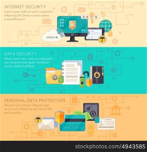 Online Data Protection 3 Flat Banners. Online business processing and personal data protection internet security 3 flat banners with infographic elements isolated vector illustration