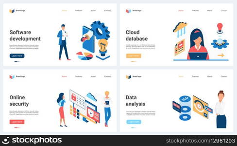 Online data security, cloud database analysis, software development set vector illustration. Cartoon tiny people analysts work with digital platforms, operations and algorithms, analytics services. Online data security, cloud database analysis, software development set and tiny people
