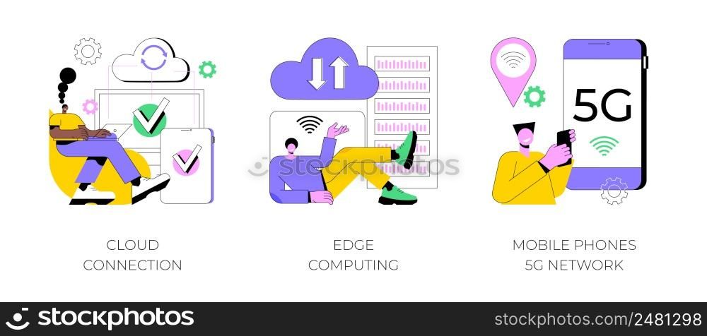 Online data transfer abstract concept vector illustration set. Cloud connection, edge computing, mobile phones 5G network, database connection, local data storage, 5G technology abstract metaphor.. Online data transfer abstract concept vector illustrations.