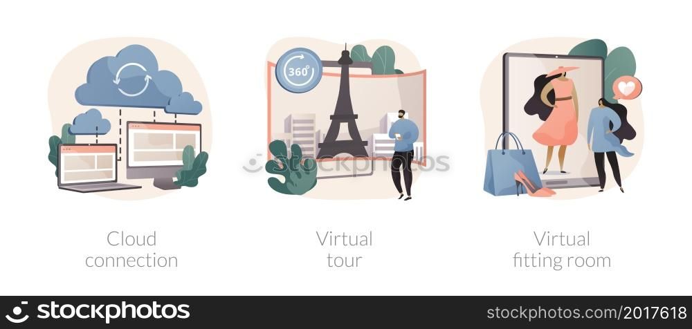 Online data transfer and virtual experience abstract concept vector illustration set. Cloud connection, virtual tour, virtual fitting room, internet connection, web 3d tour abstract metaphor.. Online data transfer and virtual experience abstract concept vector illustrations.