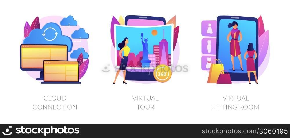 Online data transfer and virtual experience abstract concept vector illustration set. Cloud connection, virtual tour, virtual fitting room, internet connection, web 3d tour abstract metaphor.. Online data transfer and virtual experience abstract concept vector illustrations.