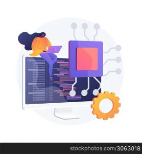 Online database, cloud disk. Data storage, information base, computer application. PC user, operator cartoon character. Information on monitor screen. Vector isolated concept metaphor illustration.. Online data storage vector concept metaphor.