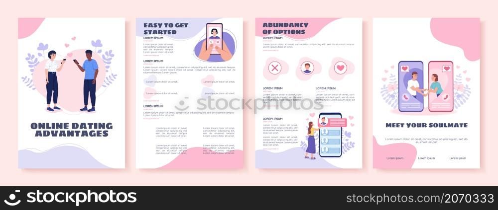 Online dating advantages flat vector brochure template. Flyer, booklet, printable leaflet design with flat illustrations. Magazine page, cartoon reports, infographic posters with text space. Online dating advantages flat vector brochure template