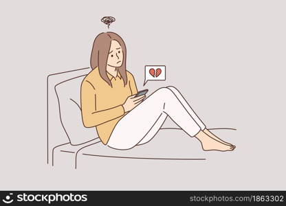 Online dating and broken heart concept. Young unhappy sad disappointed girl cartoon character sitting communicating online with boyfriend breaking up vector illustration. Online dating and broken heart concept