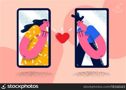 Online dating and love concept. Screens of smartphones with young smiling happy girl and boy feeling love having date online vector illustration . Online dating and love concept.