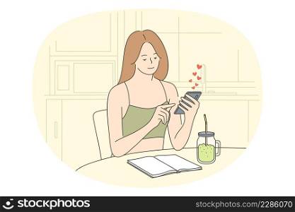 Online dating and romance concept. Young positive woman sitting at table holding smartphone in hands chatting and dating online vector illustration . Online dating and romance concept.
