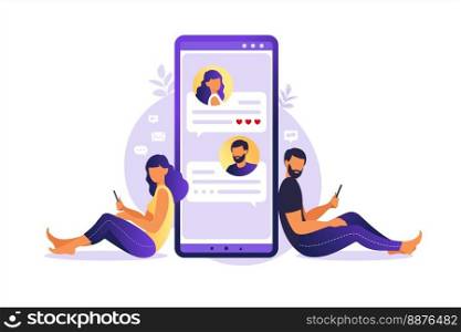 Online dating and social networking, virtual relationships concept. Male and female chatting on the Internet. Dating app and virtual relationship.