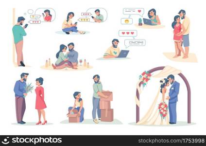 Online dating app. Cartoon boy and girl using smartphone application for acquaintance. Couple chatting and having romantic meeting. Characters giving flowers and getting married, vector scenes set. Online dating app. Boy and girl using mobile application for acquaintance. Couple chatting and having romantic meeting. Characters giving flowers and getting married, vector scenes set
