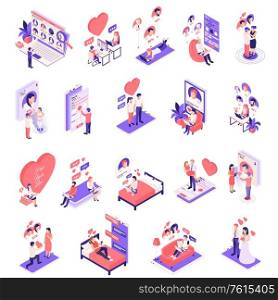 Online dating app choosing matching chatting virtual relationship invitation love isometric icons set vector illustration