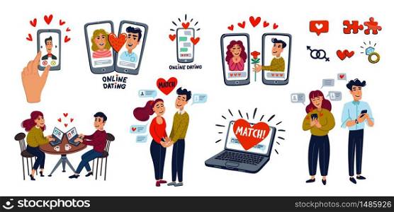 Online dating Big set. Dating couples, mobile app, notebook, Young man and woman searching for love with a Mobile phone application. Flat style vector illustration