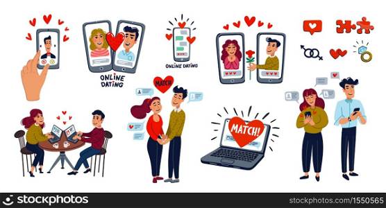 Online dating Big set. Dating couples, mobile app, notebook, Young man and woman searching for love with a Mobile phone application. Flat style vector illustration. Online dating Big set. Dating couples, mobile app, notebook, Young man and woman searching for love with a Mobile phone application. Flat style vector illustration.