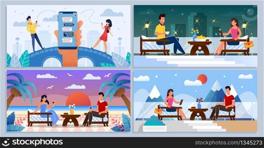 Online Dating Chat and Happy People on Romantic Meeting Cartoon Set. Acquaintance and Communication via Social Media Network. Man and Woman Rest at Resort or Urban Cafe. Vector Flat Illustration. Online Dating Chat, People on Romantic Meeting Set