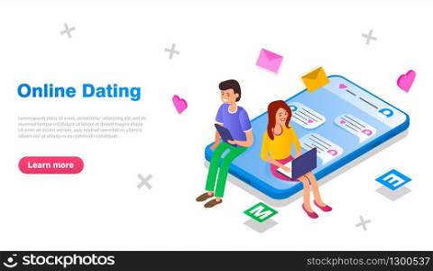 Online dating concept banner. The guy and the girl communicate through a dating site. Communication and meetings via the Internet. Vector isometric illustration.. The guy and the girl communicate through a dating site